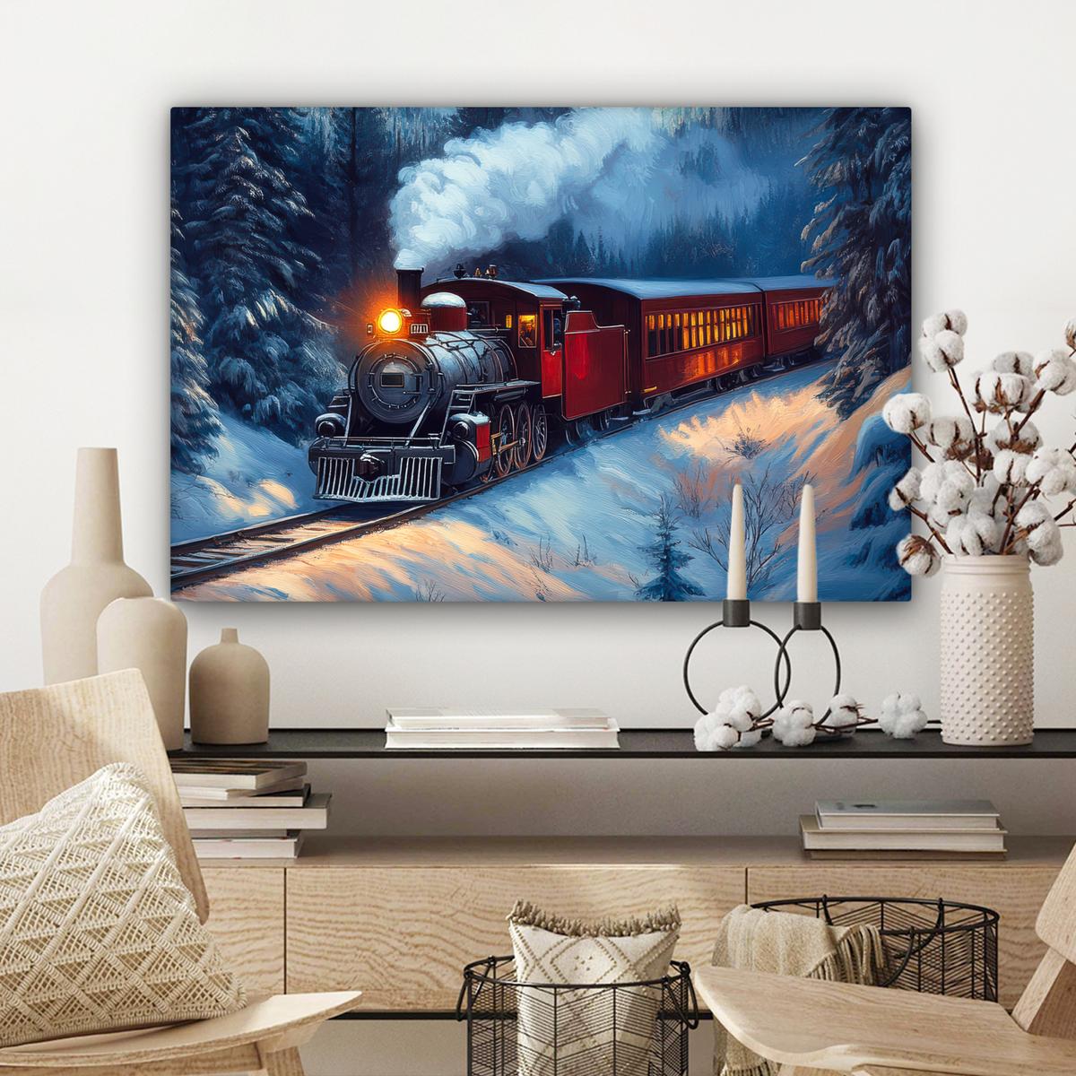 LEINWANDBILD Zug - Weihnachten - Schnee - Weihnachtszug Wanddeko 90x60 cm - Anthrazit, Textil (90/60cm) - MuchoWow