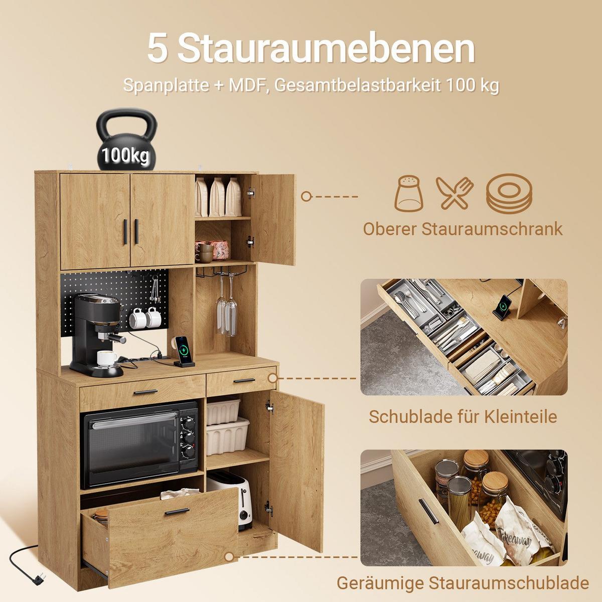 KÜCHENHOCHSCHRANK mit Aufbewahrung und Steckdosen FSB98-L-E-N - Naturfarben, Holzwerkstoff (100/170/40cm) - SoBuy