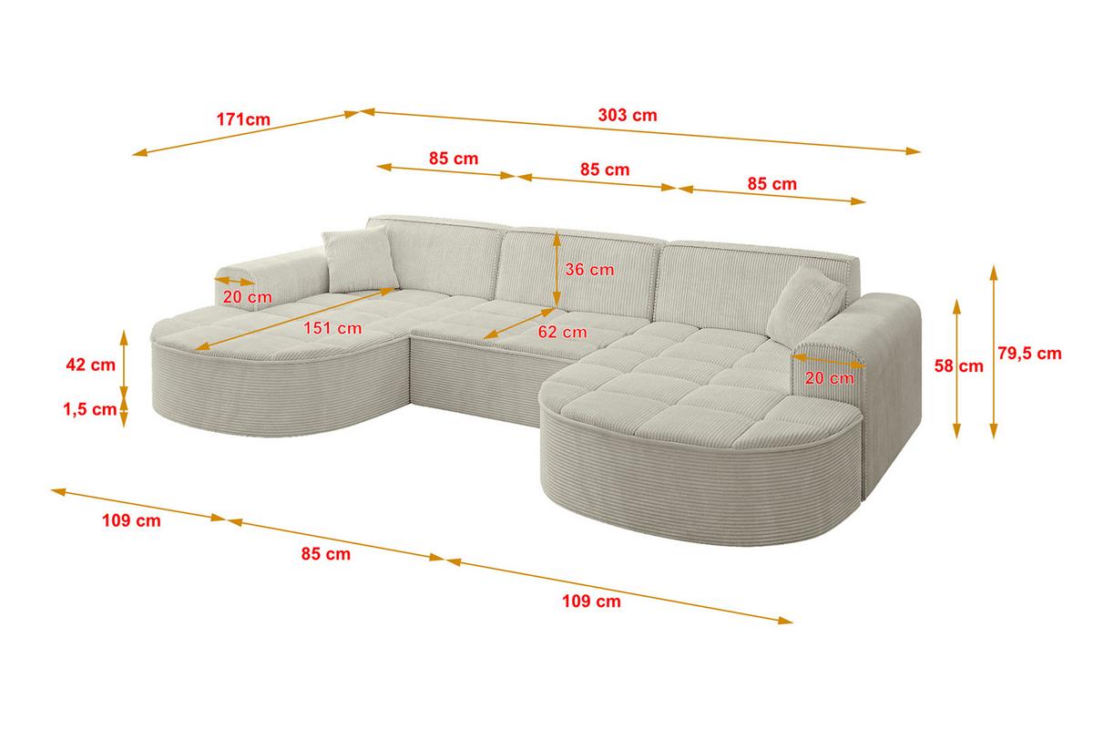 WOHNLANDSCHAFT TARO-U1 - 303x171x79,5 cm Creme - Hellgrau/Creme, Holzwerkstoff/Textil (303/79.5/171cm) - ALTDECOR