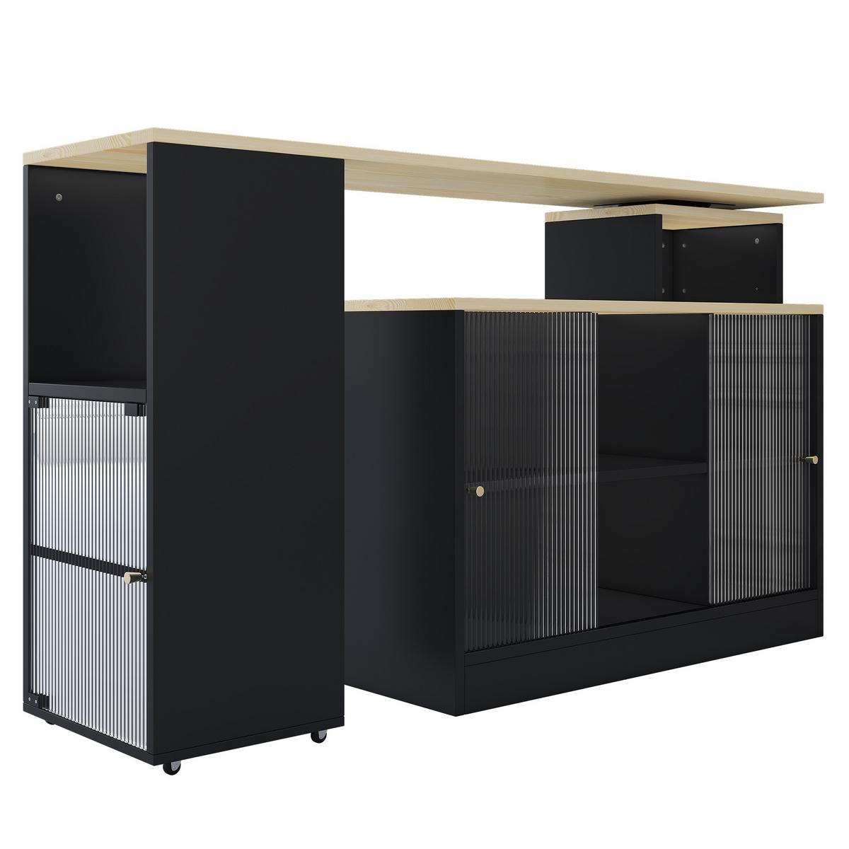 KÜCHENINSEL ausziehbar 170 cm Schwarz – Drehbare Barinsel mit Glas-Schiebetüren & Stauraum - Schwarz, Holzwerkstoff (115/60/100cm) - Urban Meuble