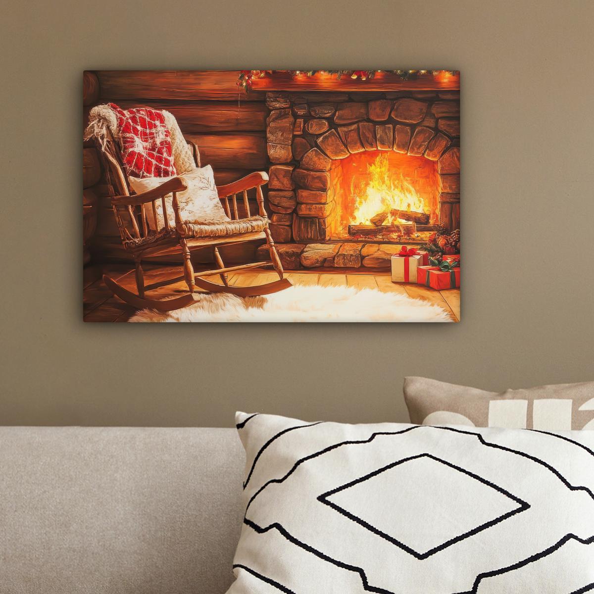 LEINWANDBILD Winter - Weihnachten - Zuhause - Kamin Deko Schlafzimmer 30x20 cm - Bernsteinfarben, Textil (30/20cm) - MuchoWow
