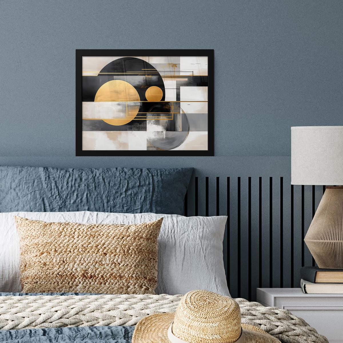 POSTER MIT RAHMENGERAHMTES BILD Abstrakt - Gold - Silber - Formen - Ästhetisch - Modern 40x30 cm - Goldfarben, Papier (40/30cm) - MuchoWow