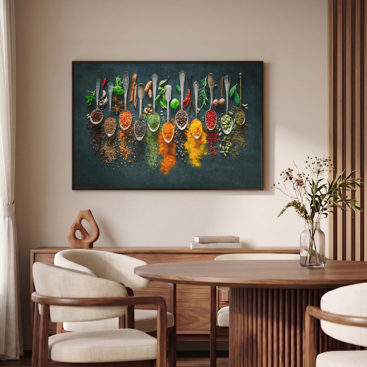 LEINWAND Bilder mit Rahmen - Kräuter - Gewürze - Löffel - 90x60 - Currygelb, Textil (90/60cm) - MuchoWow