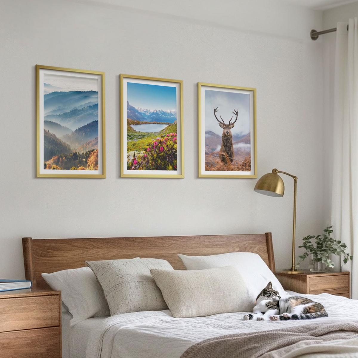 BILDER SET 3er Set - 40x60 cm Goldrahmen - Natur des Bergseehirsches - Goldfarben, Kunststoff (40/60cm) - TULUP