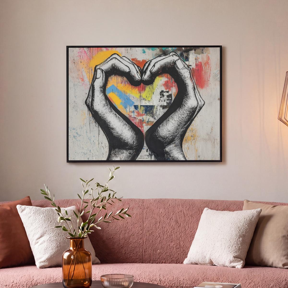 LEINWAND Bilder mit Rahmen - Hände - Herz - Straßenkunst - Graffiti - 70x50 - Multicolor, Textil (70/50cm) - MuchoWow