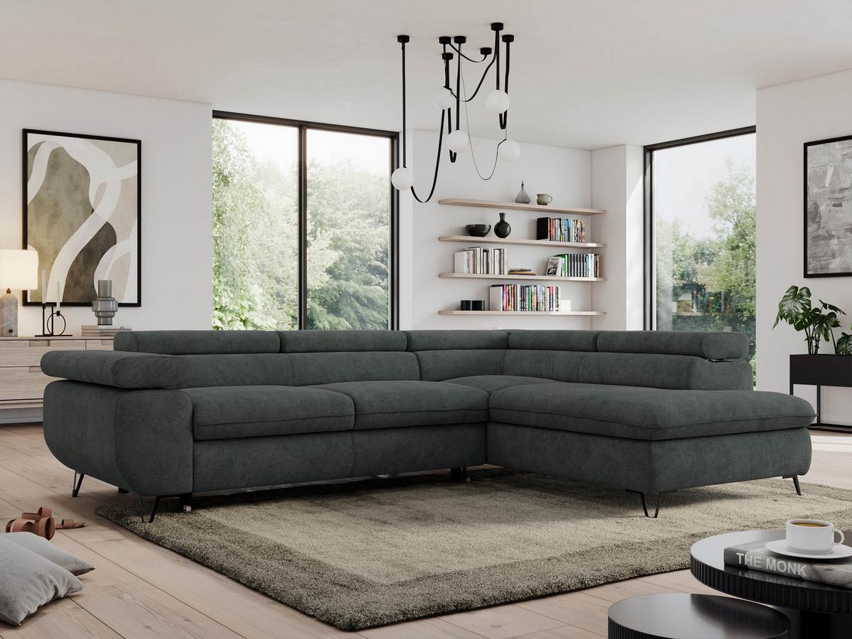 ECKSOFA PEDRO L Dunkelgrau Struktur - Rechts Seite - Dunkelgrau/Schwarz, Textil/Metall (273/208cm) - MKS
