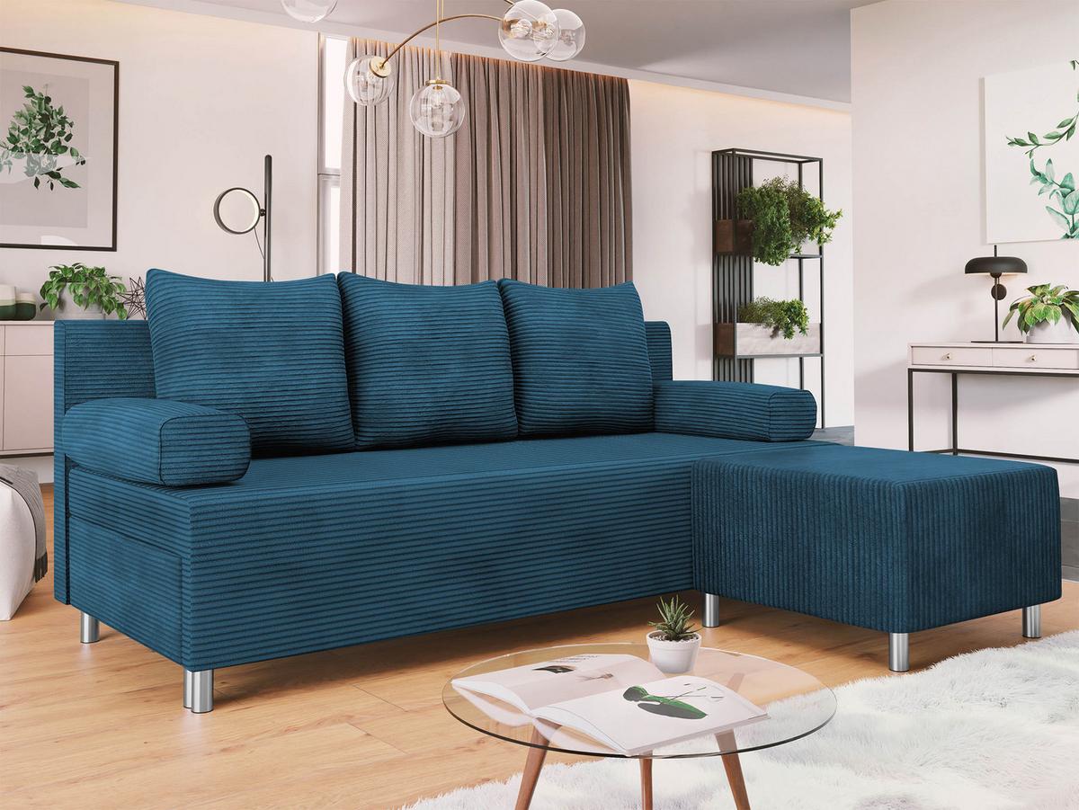 SCHLAFSOFA Dover Cord mit Polsterhocker - Blau/Chromfarben, Holz/Kunststoff (192/80cm) - MIRJAN24