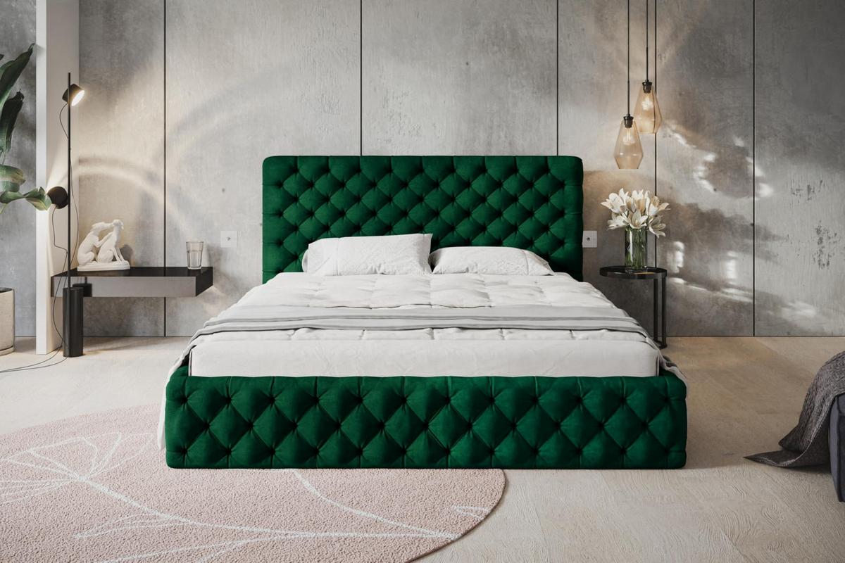 BETT 140x200 - Polsterbett mit Bettkasten und Metallrahmen - Elegant Betten - Glatter Kronos-Stoff - Kollektion Miami, Grün - Grün, Holz/Textil (140/200cm) - Alpi-Möbel