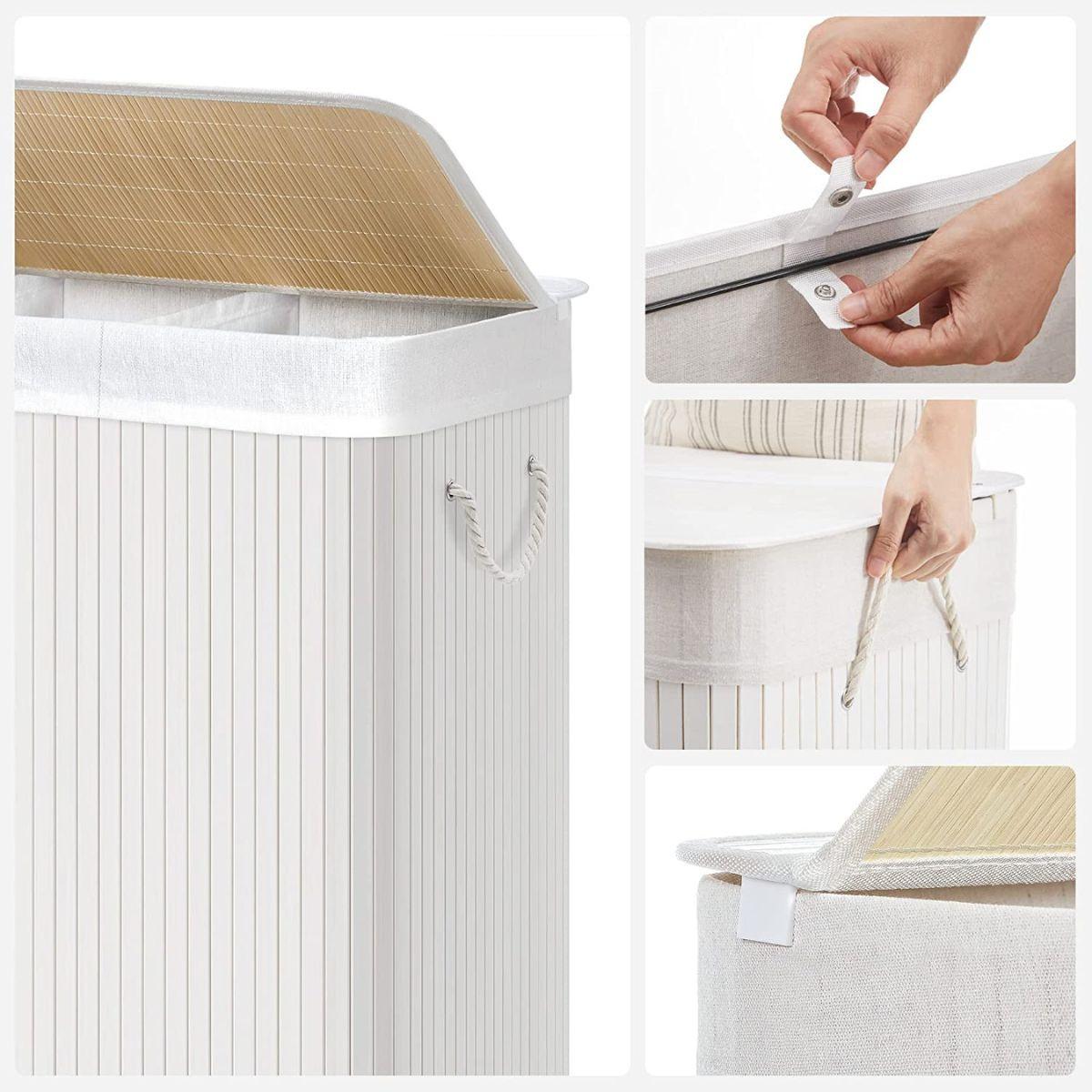 WÄSCHEKORB 3 Fächer mit abnehmbaren Beuteln Bambus und Weiß - Weiß, Holz (42.5/61.5/64cm) - Calicosy