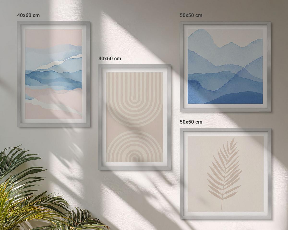 BILDER SET 4er Set - 50x50 cm & 40x60 cm Silberner Rahmen - Blätterwellen beige blau - Silberfarben, Kunststoff (50/50cm) - TULUP