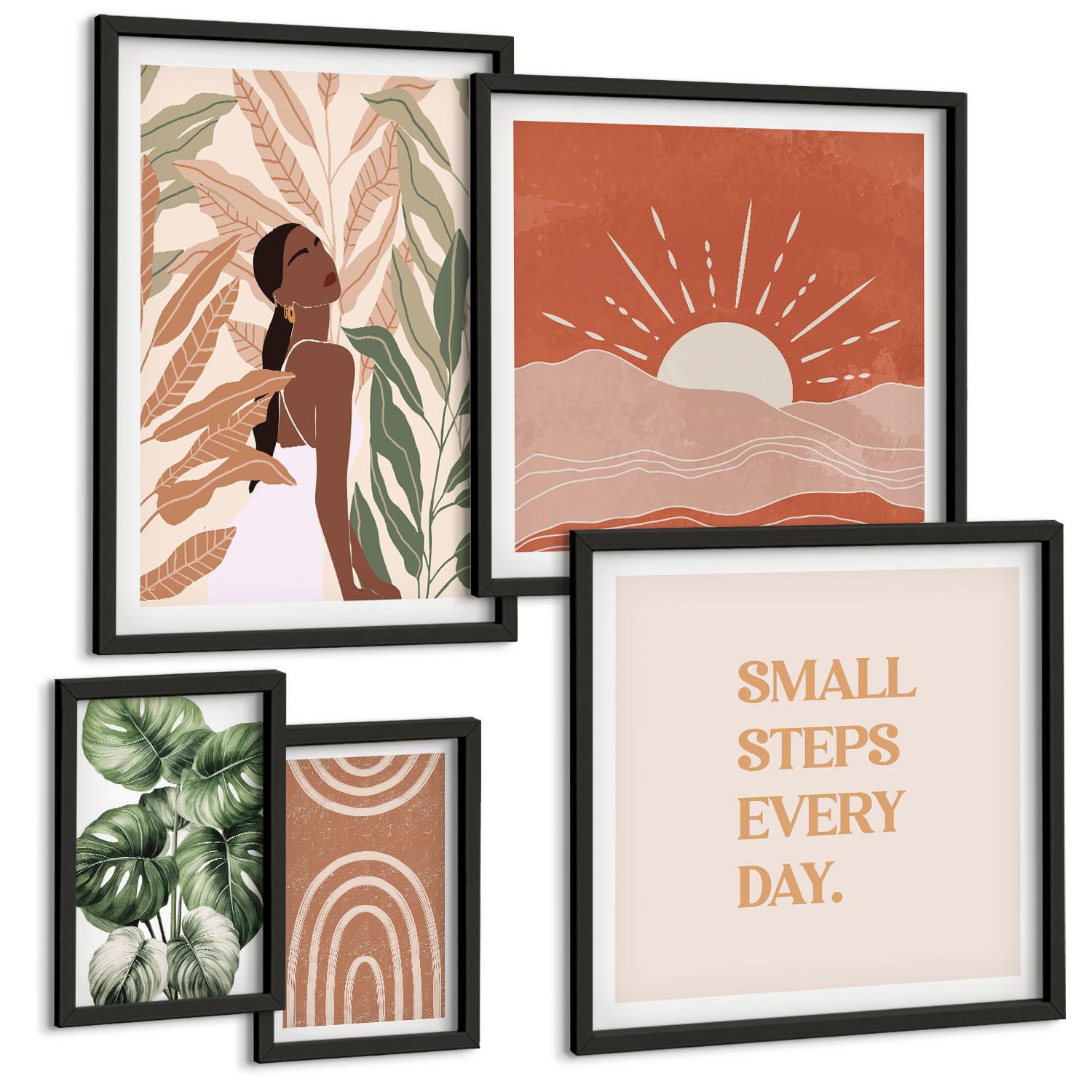 BILDER SET 5er Set - 50x50 cm & 20x30 cm & 40x60 cm Schwarzer Rahmen - abstrakte Formen im Boho-Stil - Schwarz, Kunststoff (40/60cm) - TULUP