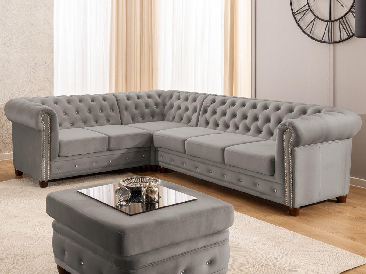 ECKSOFA mit Schlaffunktion Chesterfield Grau Samt mit Kristallsteppung und braunen Massivholzfüßen - Ottomane Links - Braun/Grau, Holz/Textil (264/210cm) - S-Style Möbel