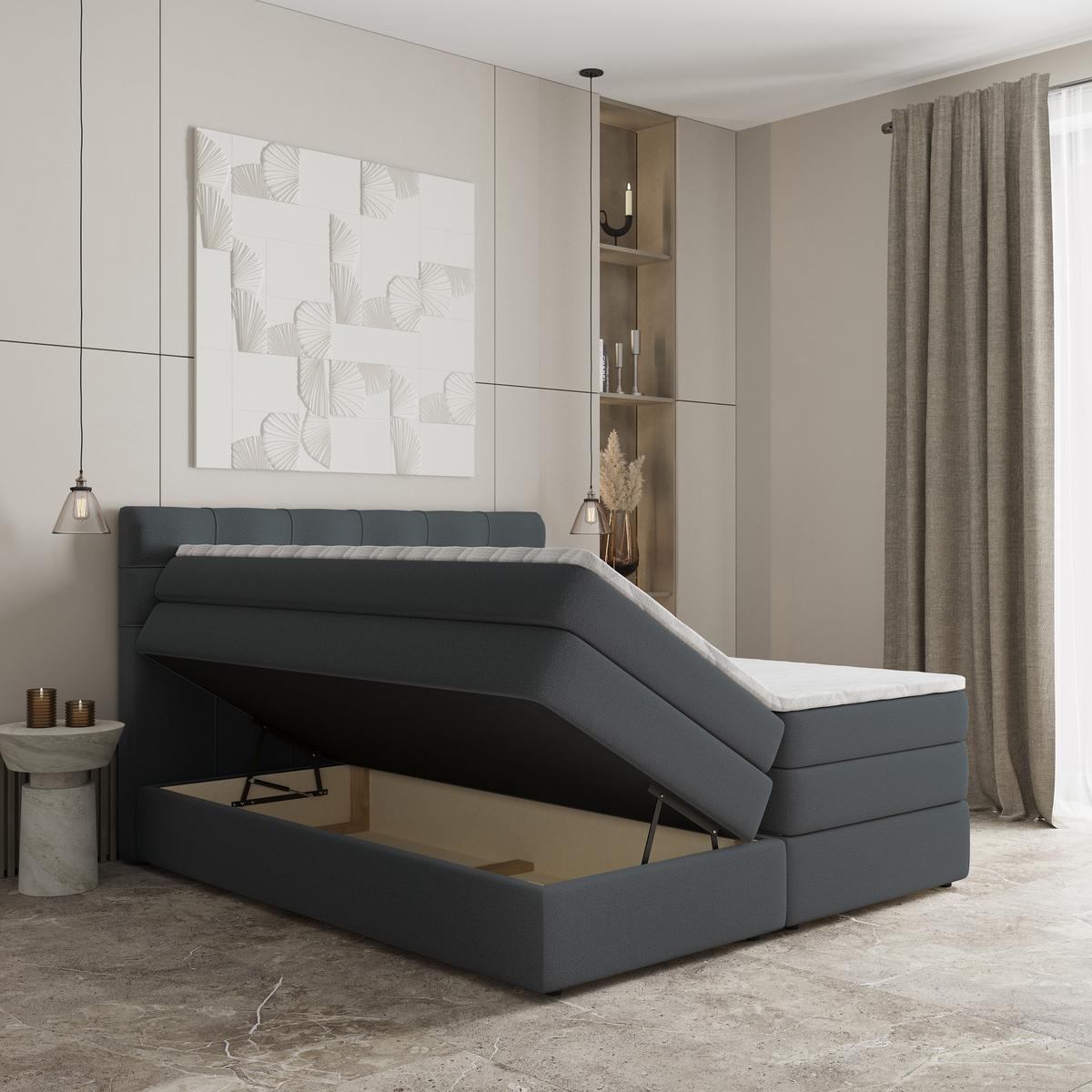 BOXSPRINGBETT AREZI 180x200 cm mit Matratze und Topper - Graphitfarben - Graphitfarben, Holz (180/200cm) - MASSENO