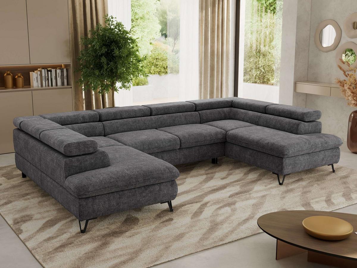 WOHNLANDSCHAFT PABLO U Schenille grob gewebt Grau - Schwarz/Grau, Textil/Metall (346/76/208cm) - MKS
