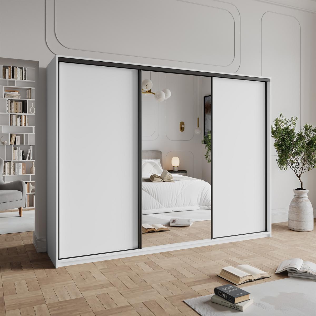 SCHWEBETÜRENSCHRANK TAVI 270/205/60 cm 3-türig mit Spiegel Weiß - Weiß, Holzwerkstoff (270/205/60cm) - MASSENO