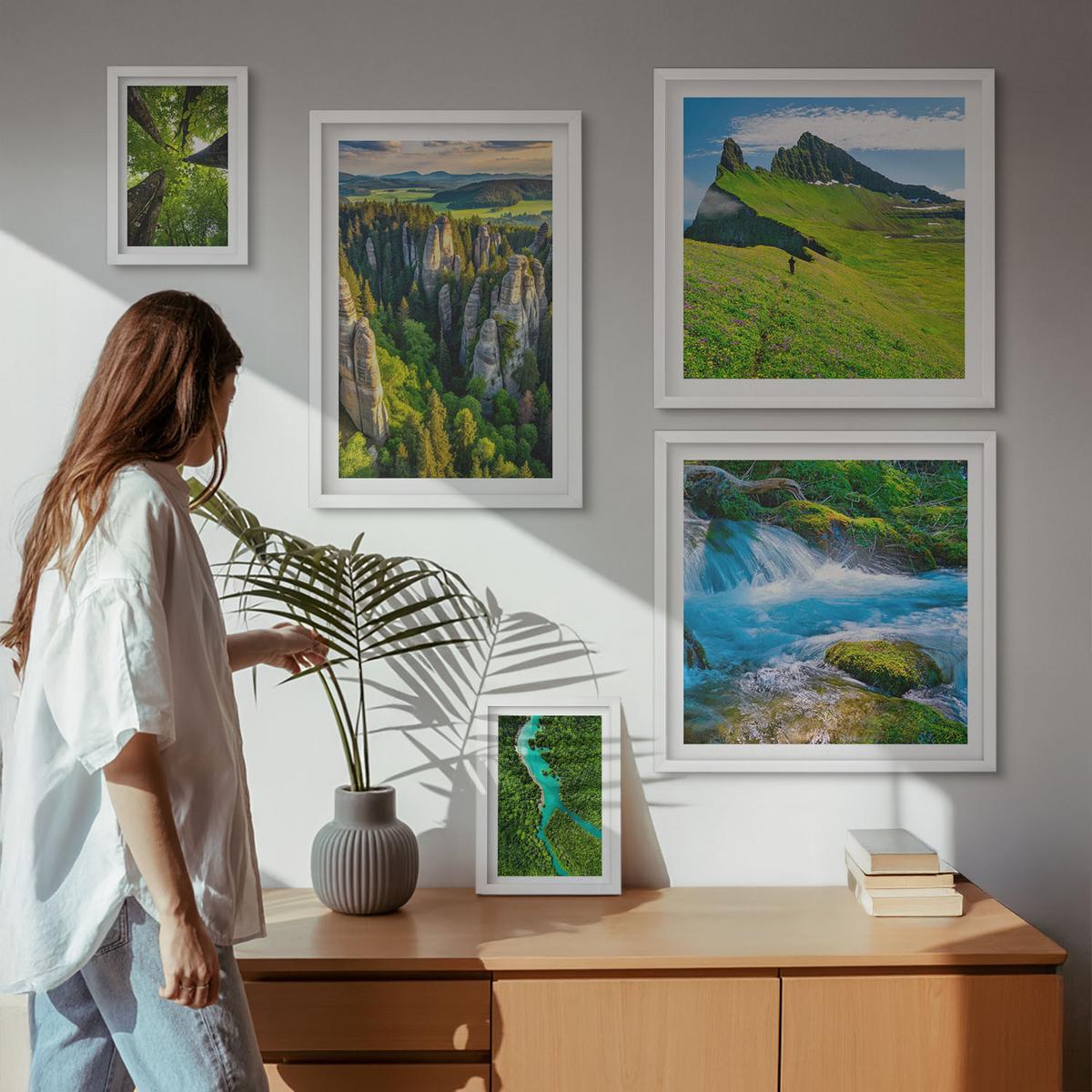 BILDER SET 5er Set - 50x50 cm & 20x30 cm & 40x60 cm Weißer Rahmen - Wasserfälle grüner Wald Wasser - Weiß, Kunststoff (40/60cm) - TULUP