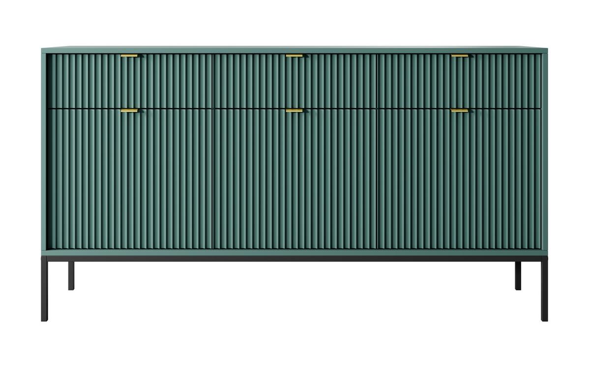 SIDEBOARD Eternas 3T 3S Grün 154/83/39 cm – schwarze Füße, mit geriffelten Fronten - Schwarz/Grün, Holzwerkstoff (154/83/39cm) - AX Living
