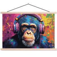 POSTER MIT MAGNETLEISTEN Graffiti - Schimpanse - Straßenkunst - Kopfhörer - Affe Magnetleiste 120x80 cm - Blau, Textil (120/80/0.15cm) - MuchoWow