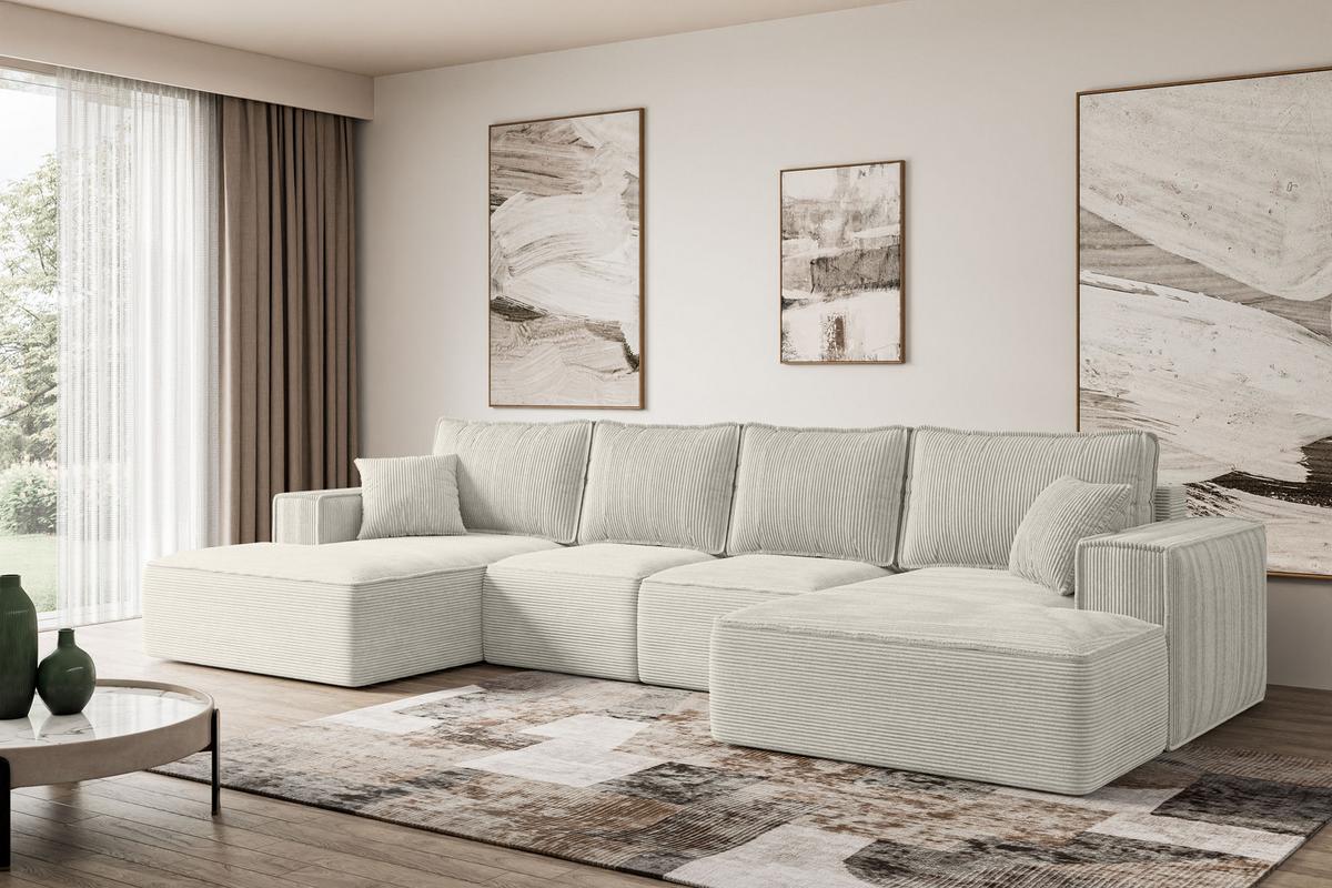 WOHNLANDSCHAFT mit Schlaffunktion und Bettkasten SIERRA-U-S - 349x161x87 cm Creme Cord - Hellgrau/Creme, Holzwerkstoff/Kunststoff (349/87/161cm) - ALTDECOR
