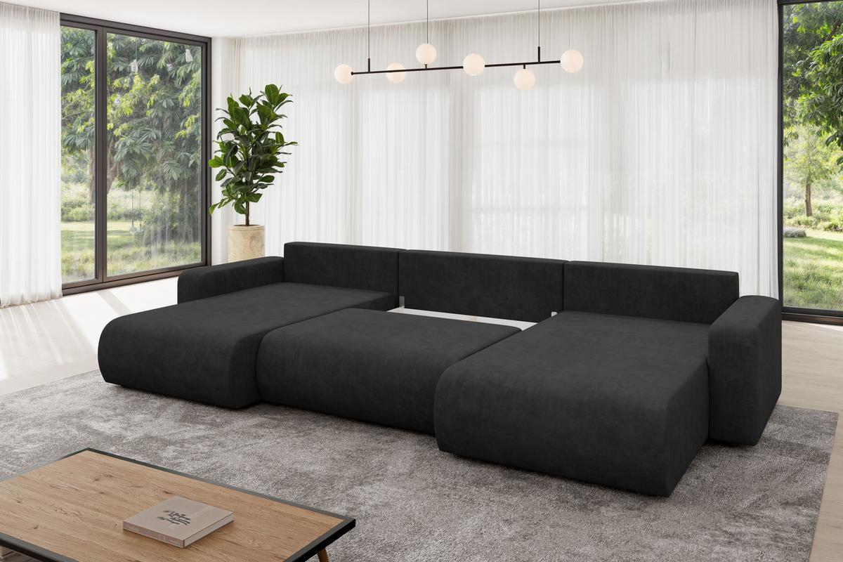 WOHNLANDSCHAFT mit Schlaffunktion und Bettkasten BERY-U 377x193x88 Schwarz Velours - Schwarz, Holzwerkstoff/Kunststoff (377/88/193cm) - ALTDECOR