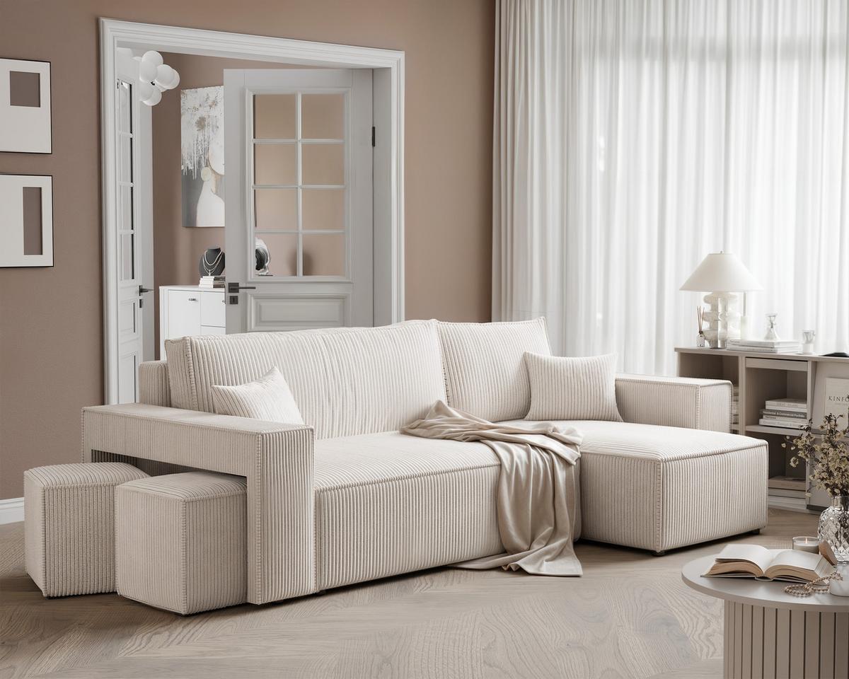 ECKSOFA PARIS mit Schlaffunktion und Bettkasten Creme - Ecru, Kunststoff/Textil (262/145cm) - Idohome