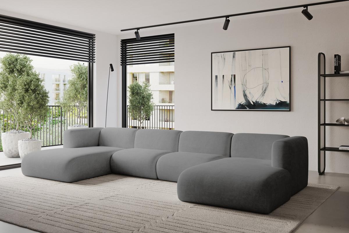 WOHNLANDSCHAFT MIRA-U2 408x179x70 Grau Velours - Schieferfarben/Schwarz, Holzwerkstoff/Kunststoff (408/70/179cm) - ALTDECOR