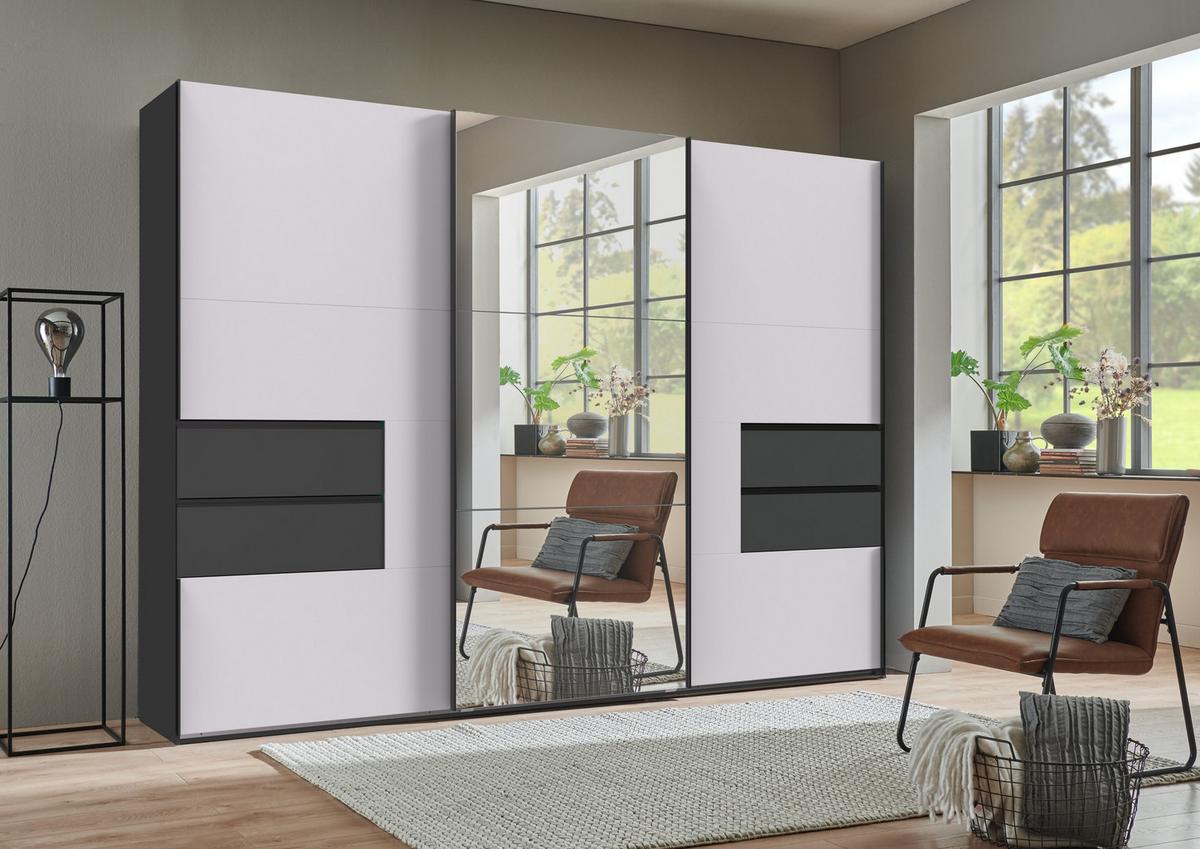 SCHWEBETÜRENSCHRANK 3-türig B300/H216/T65 cm, Korpus & Schubladen Grafit, Türen Weiß / Spiegel, Kleiderschrank inkl. Vollausstattung / 22054 - Bordeaux/Graphitfarben, Holzwerkstoff/Metall (300/216/65cm) - luma-home