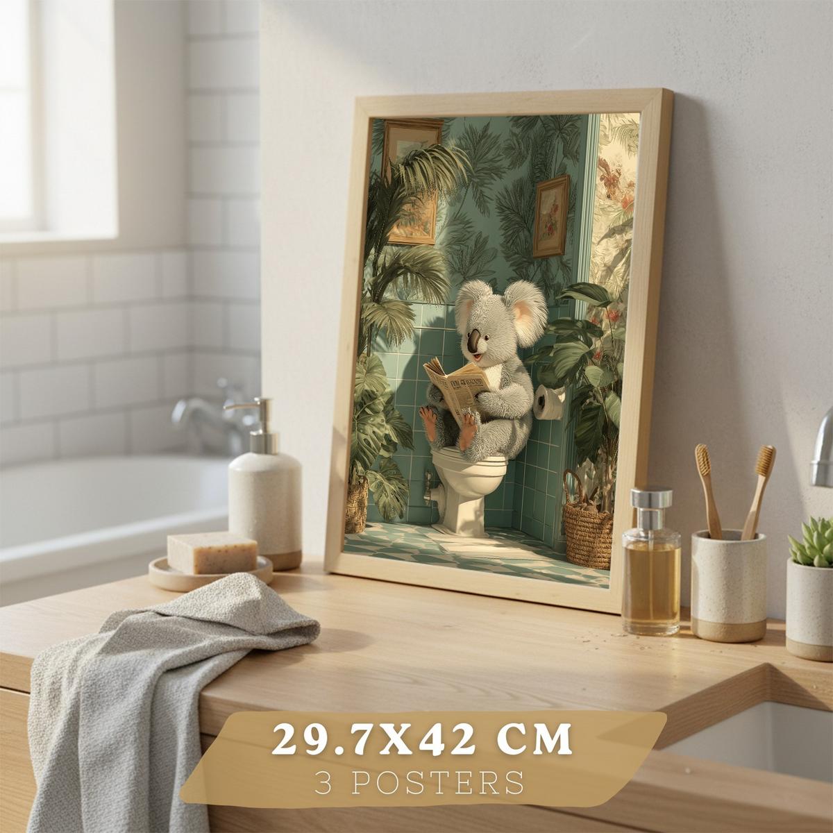 POSTER 3er-Set lustige Badezimmer-Drucke, Panda- und Koala-Tiermotive für Toilette, witziges für Toilette, Vintage-Botanik-Stil Leichter Holzrahmen A3 - Beige, Papier (42/29.7/3cm) - Nacnic