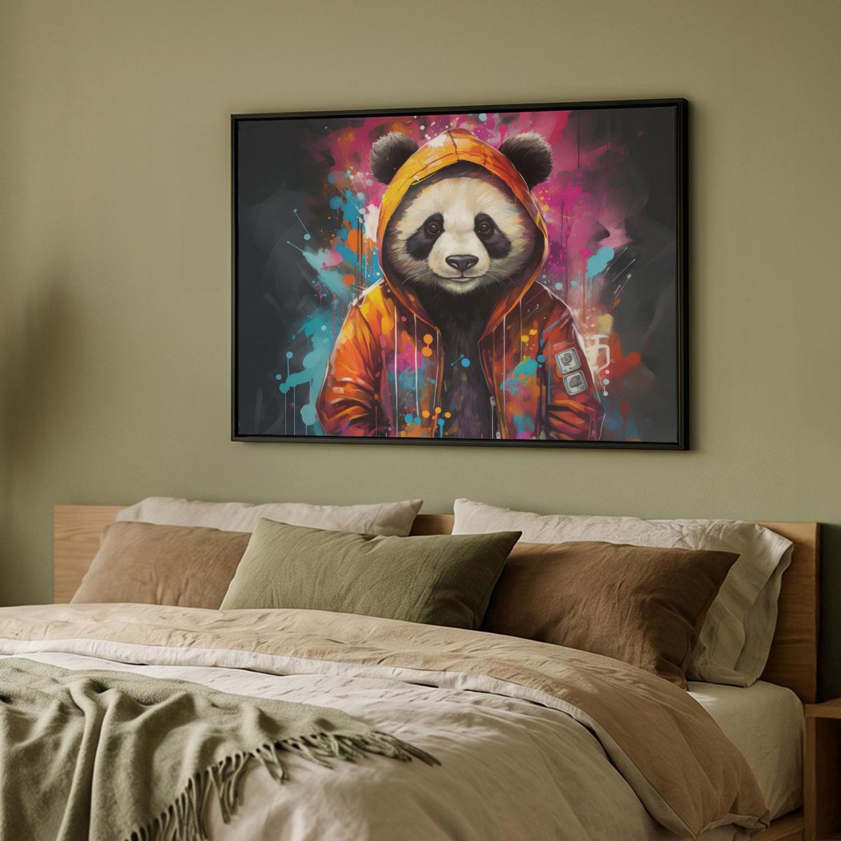 LEINWAND Bilder mit Rahmen - Panda - Jacke - Graffiti - Orange - 100x70 - Orange, Textil (100/70cm) - MuchoWow