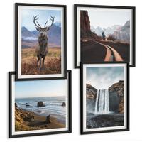 BILDER SET 4er Set - 50x50 cm & 40x60 cm Schwarzer Rahmen - Berglandschaften, Wasserfälle, Hirsche, Strände - Schwarz, Kunststoff (50/50cm) - TULUP