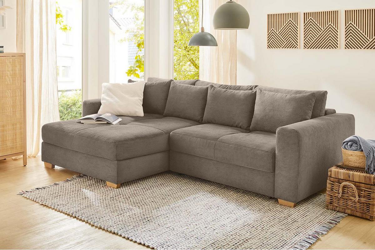 ECKSOFA-DAUERSCHLÄFER Federkern Bettkasten, seitenverkehrt montierbar B288/T186/H86 cm, Liegefl. 153x245 cm, Cord Braun Taupe / 15155 - Eichefarben/Braun, Holz/Textil (288/186cm) - luma-home