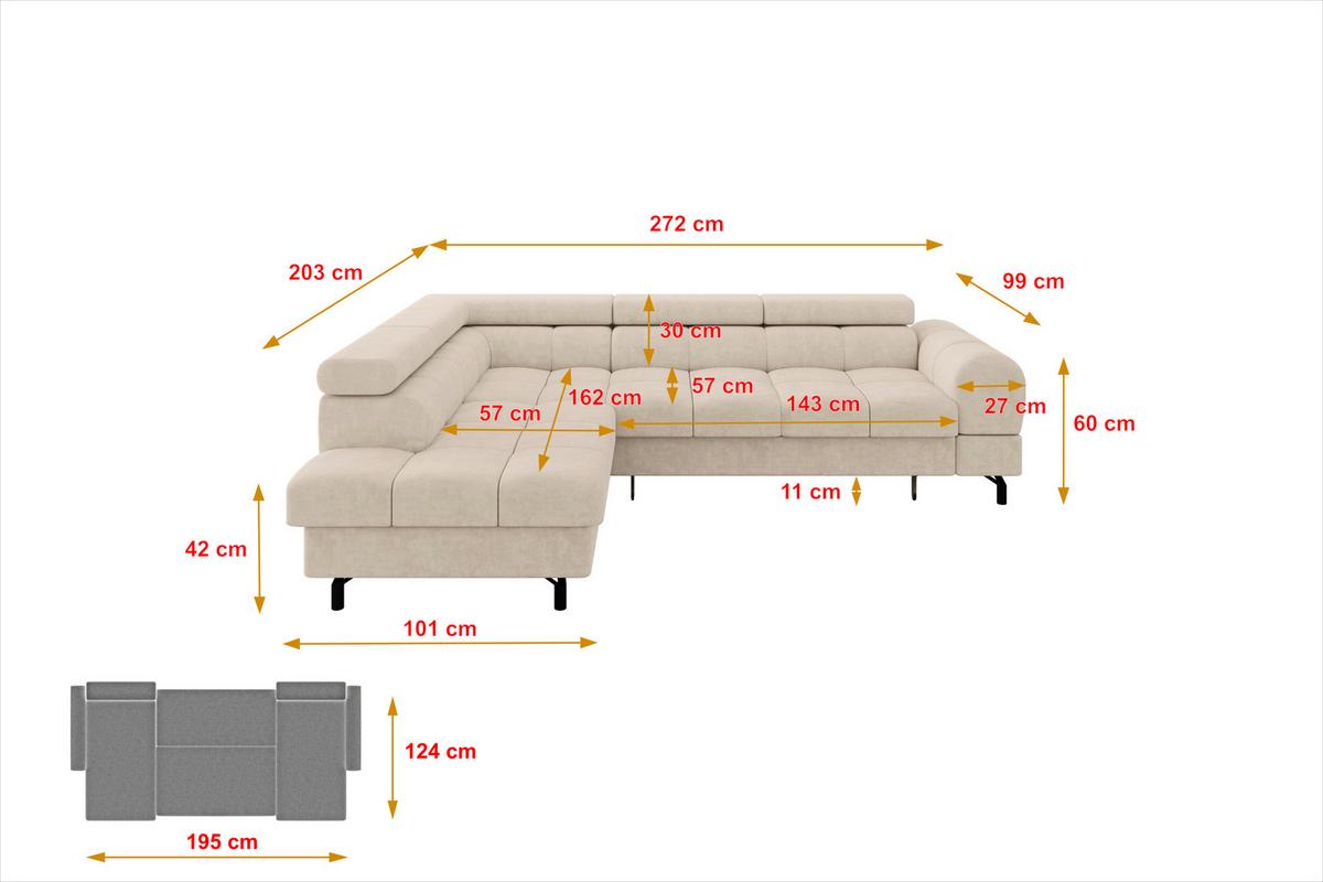 ECKSOFA mit Schlaffunktion Ottomane Links LUMA-L 272x203x70 Beige Velours - Sandfarben/Schwarz, Holzwerkstoff/Kunststoff (272/203cm) - ALTDECOR