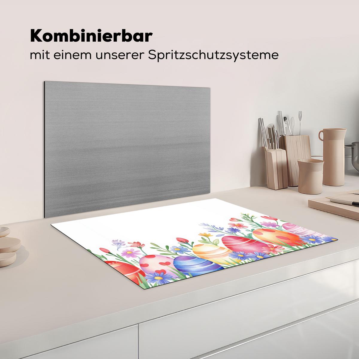 HERDABDECKPLATTE Blumengarten - Bunt - Eier Induktionsmatte 71x52 cm - Weiß, Kunststoff (71/52/0.2cm) - MuchoWow