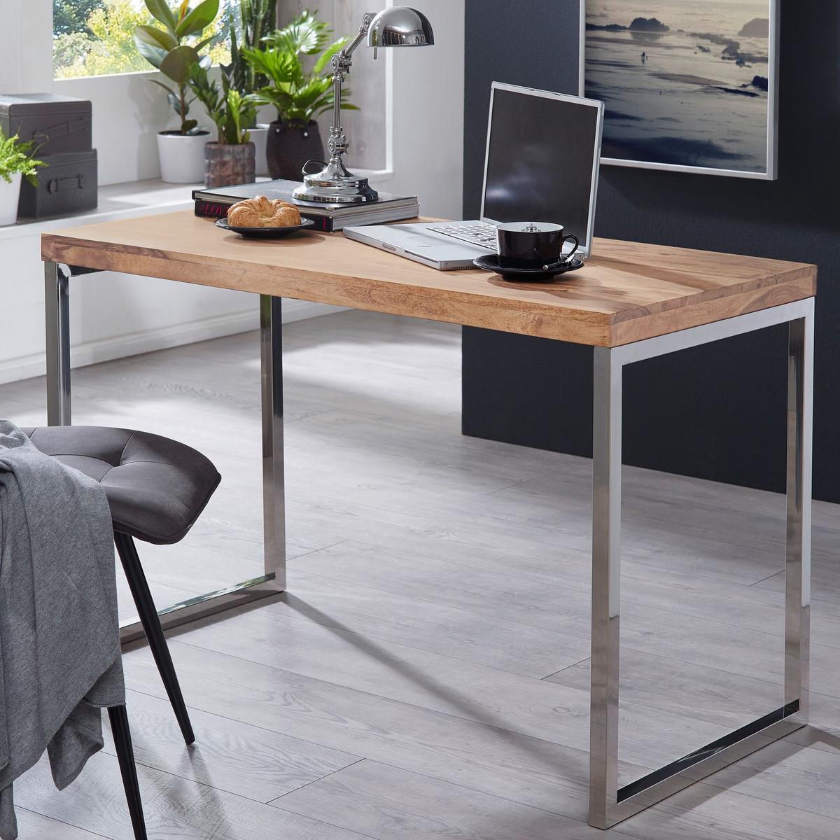 SCHREIBTISCH Massivholz Metallbeine Landhausstil GUNA, Akazie 60x120x76 cm - Silberfarben/Akaziefarben, Holz/Metall (120/60/76cm) - KADIMA DESIGN