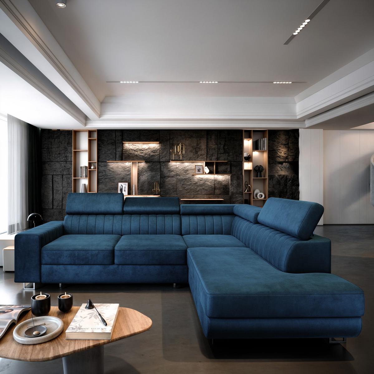 ECKSOFA NOLA R-S Blau Velours-Stoff mit Schlaffunktion - Blau/Silberfarben, Holz/Textil (253/190cm) - MASSENO