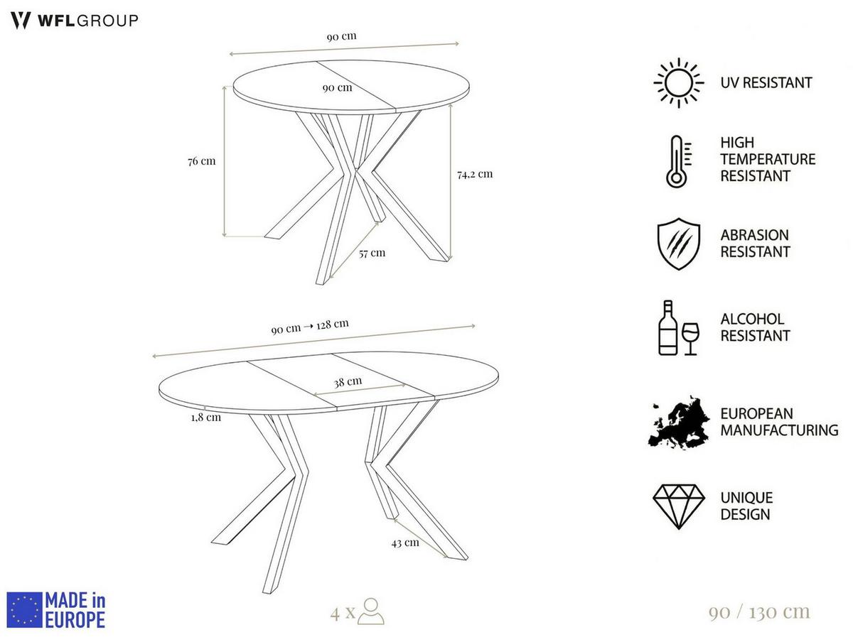 ESSTISCH Valio rund oval ausziehbar verlängerbar mit Metallbeinen in Kaschmir Grau, Kaschmir 90-130/90/76 cm - Kaschmir/Beige, Holzwerkstoff/Metall (90/130/76cm) - WFL GROUP