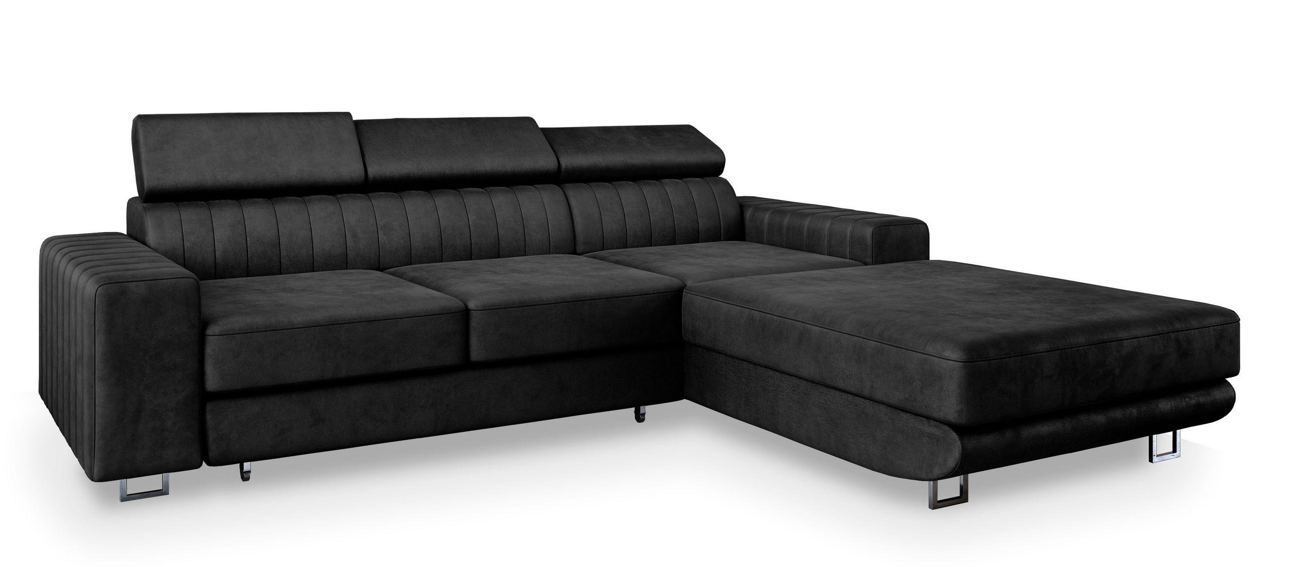 ECKSOFA NOTO R-S Schwarz Velours-Stoff mit Schlaffunktion - Silberfarben/Schwarz, Holz/Textil (267/190cm) - MASSENO