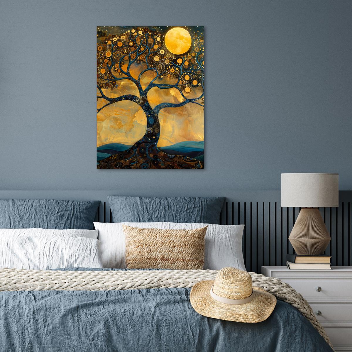 POSTER Baum - Mond - Blumen - Gold - Kunst Deko Wohnzimmer 60x80 cm - Orange, Papier (60/80/0.1cm) - MuchoWow