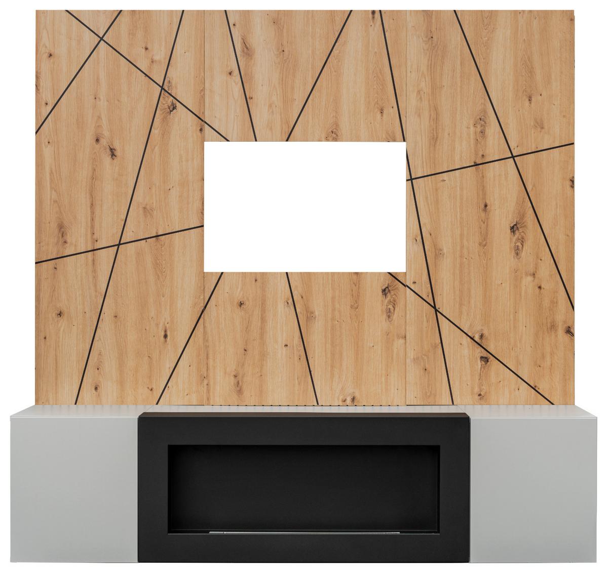 TV-LOWBOARD grau, Eiche Artisan, TV-Unterschrank 160 cm Set mit Ethanol Kamin und Akustikpaneel - Hellgrau/Schwarz, Glas/Holzwerkstoff (160/148/35cm) - Inn.Furn