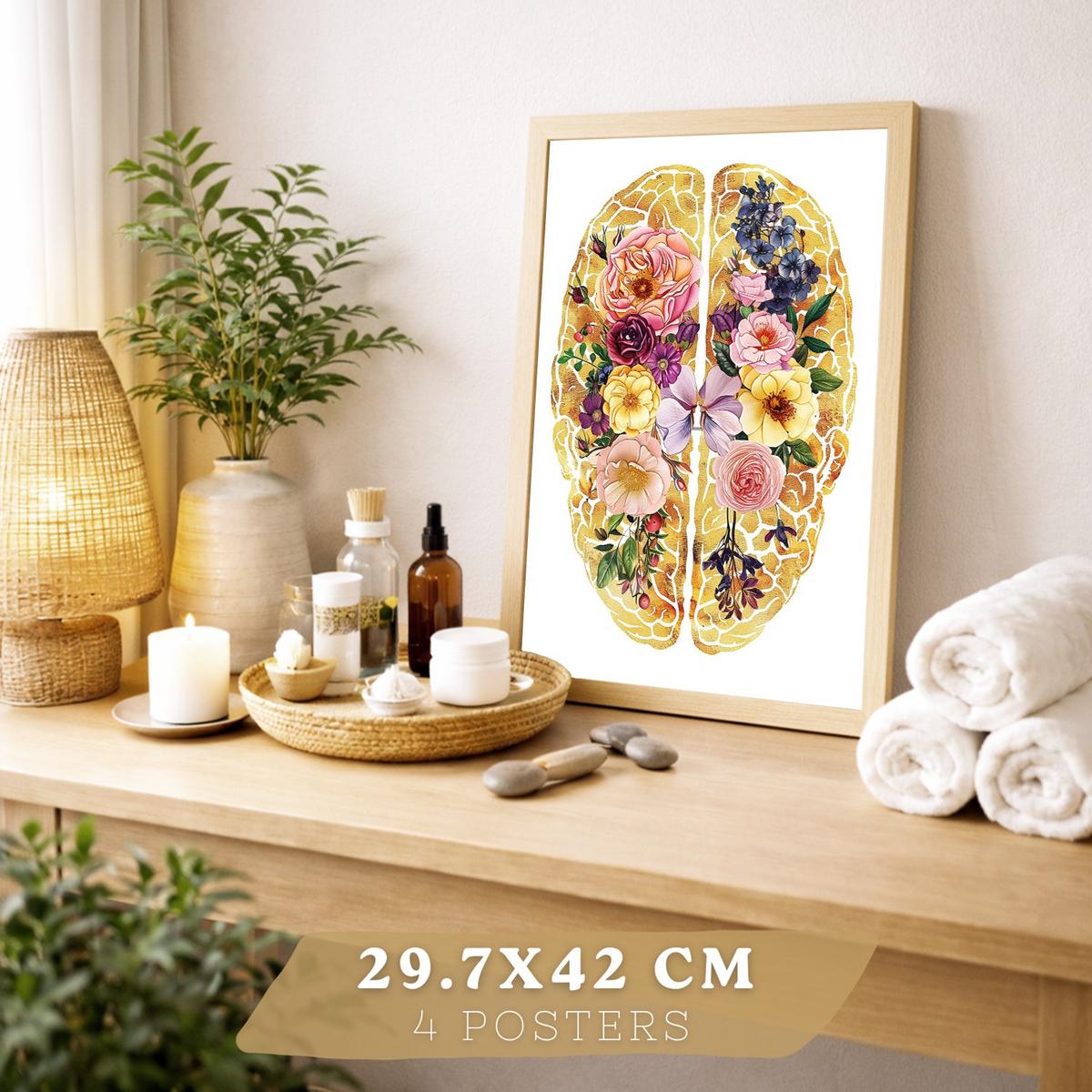 POSTER Set aus 4 Anatomie Mensch Drucke und mit Herz Gehirn Schädel Lungen Luftröhre Bronchien Goldener Floraler Stil Größe Leichter Holzrahmen A3 - Beige, Papier (29.7/42/3cm) - Nacnic