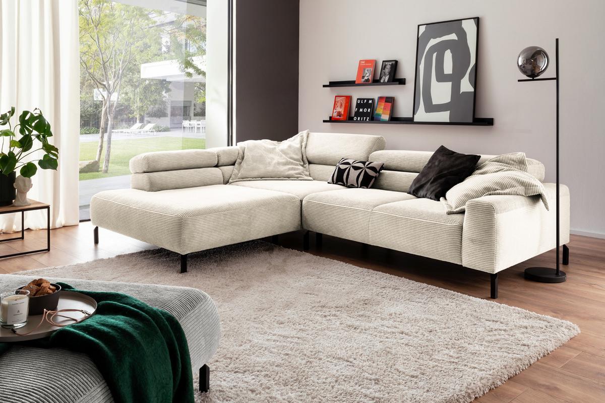 ECKSOFA DELIA Cremeweiß Cord Relaxfunktion - Creme/Schwarz, Textil/Metall (276/219cm) - KAWOLA