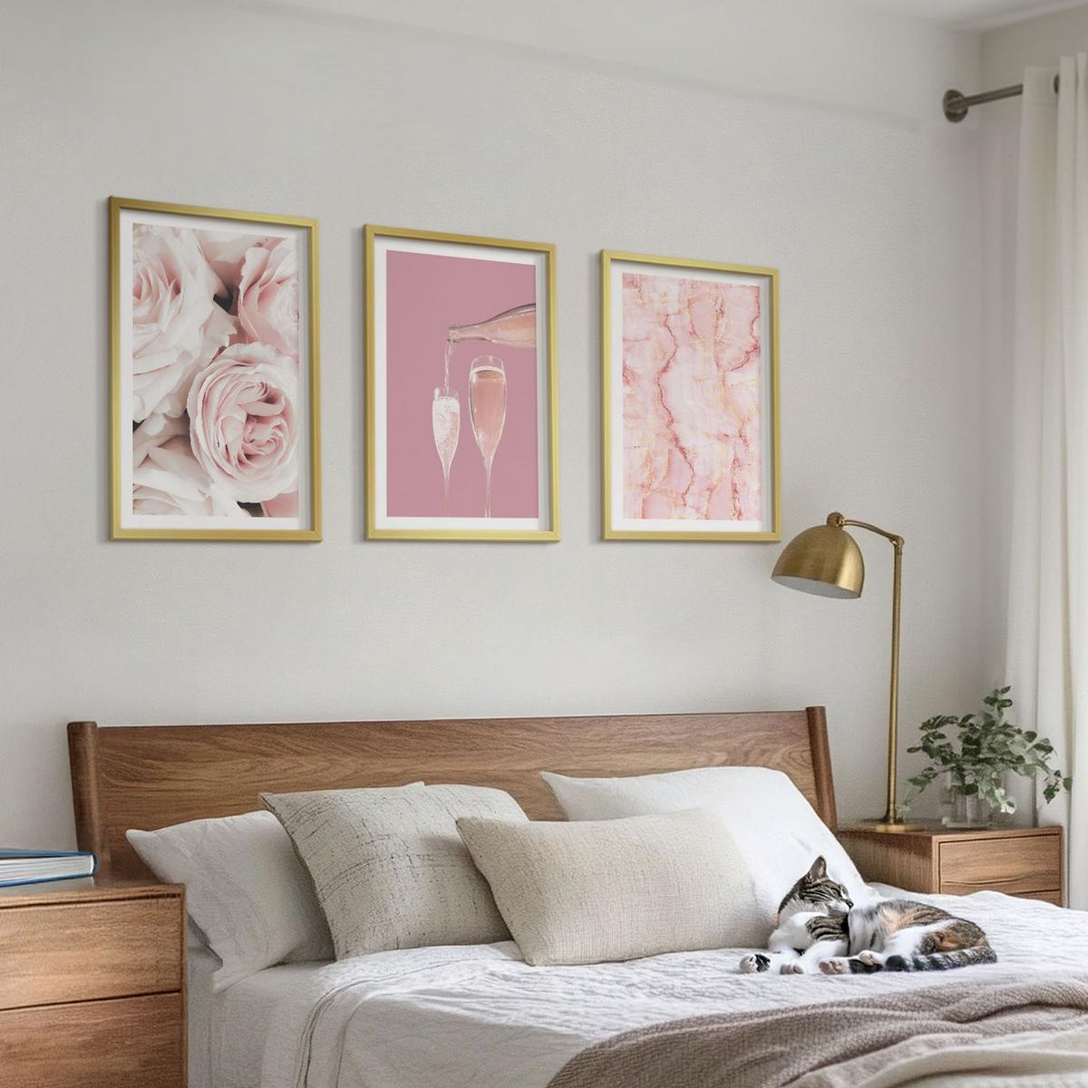 BILDER SET 3er Set - 40x60 cm Goldrahmen - Champagnerfarbene Rosen, Marmorhintergrund - Goldfarben, Kunststoff (40/60cm) - TULUP