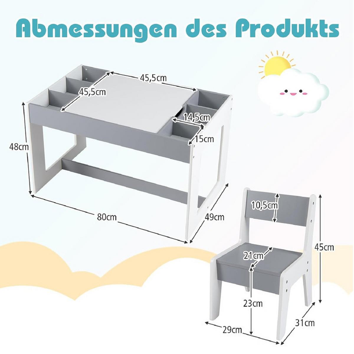 KINDERTISCH mit Stuhl grau(3-tlg) - Grau, Holzwerkstoff (80/48/49cm) - COSTWAY