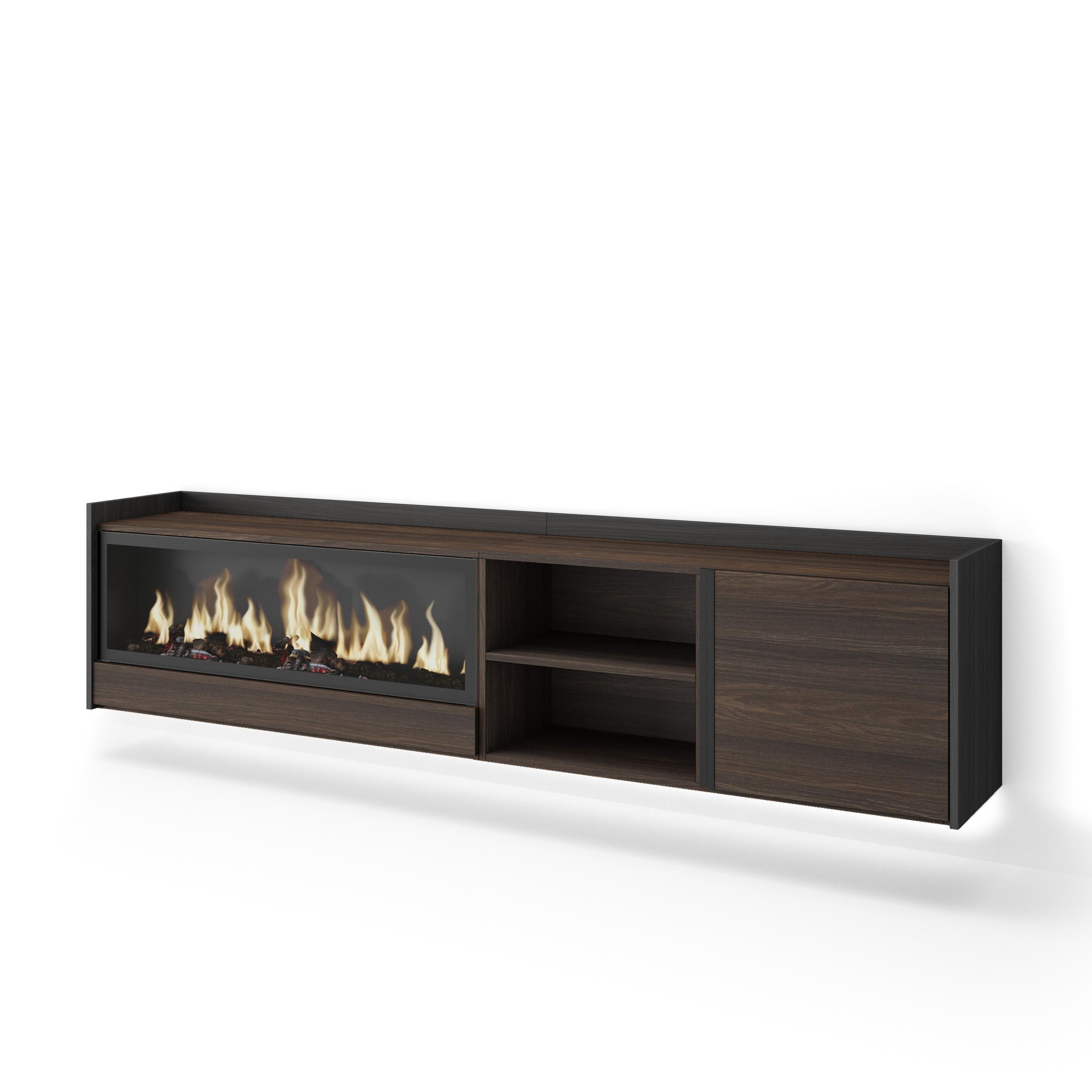 LOWBOARD, Eiche und Schwarz, 212/35/50cm, Kamin mit Feuereffekt XXL - Dunkelbraun, Holzwerkstoff (212/50/35cm) - Skraut Home