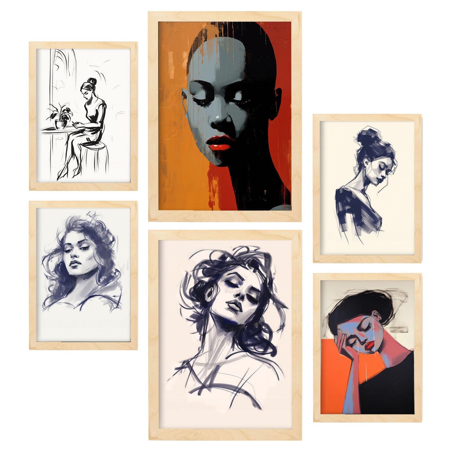 POSTER Set Mit 6 Verlockend In Damenplakat A3 & A4 Rahmen Aus Hellem Holz - Beige, Papier (29/3cm) - Nacnic