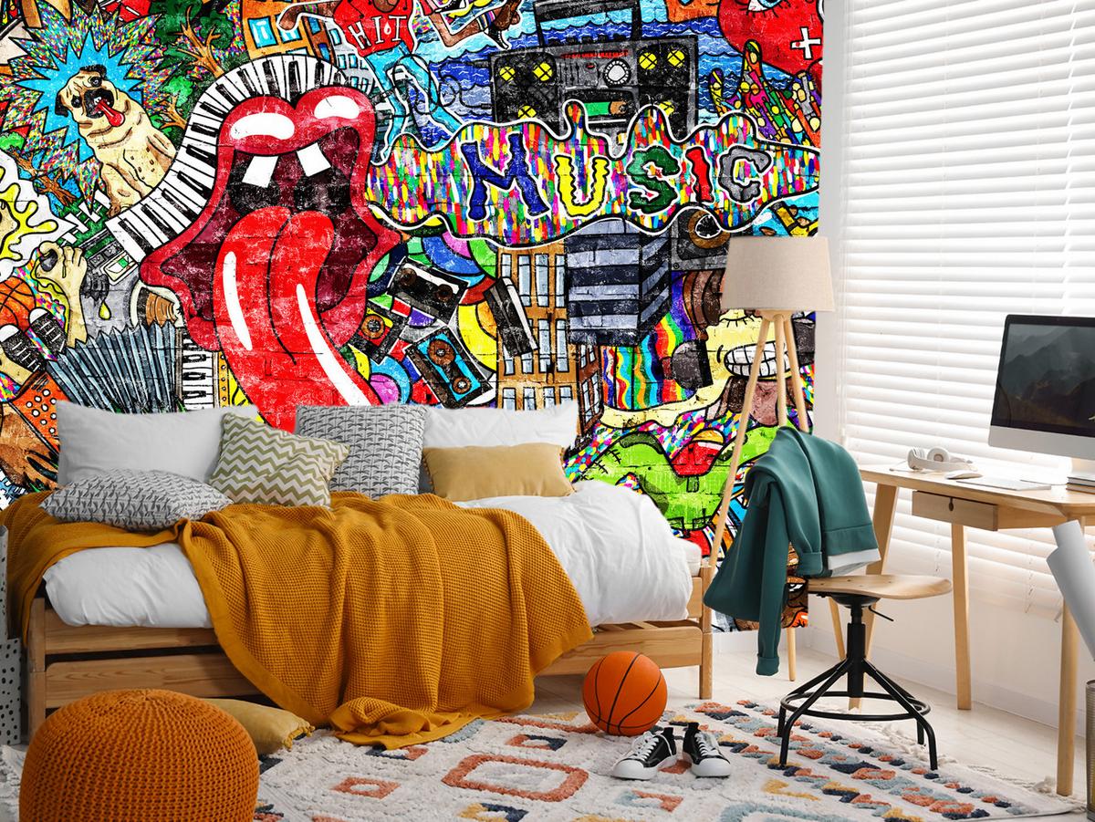 FOTOTAPETE für Jugendzimmer GRAFFITI Musik Abstrakt Farben 100x70 - Blau/Gelb, Papier (100/70cm) - Muralo