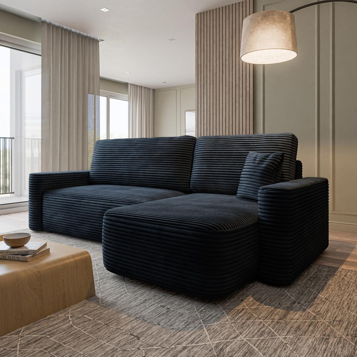 ECKSOFA NERI T Schwarz Kordstoff mit Schlaffunktion - Schwarz, Holzwerkstoff/Textil (280/157cm) - MASSENO