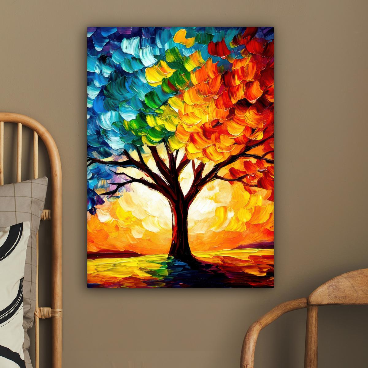 LEINWANDBILD Baum - Kunst - Natur - Sonnenuntergang Wandbild Wohnzimmer 60x80 cm - Multicolor, Textil (60/80cm) - MuchoWow