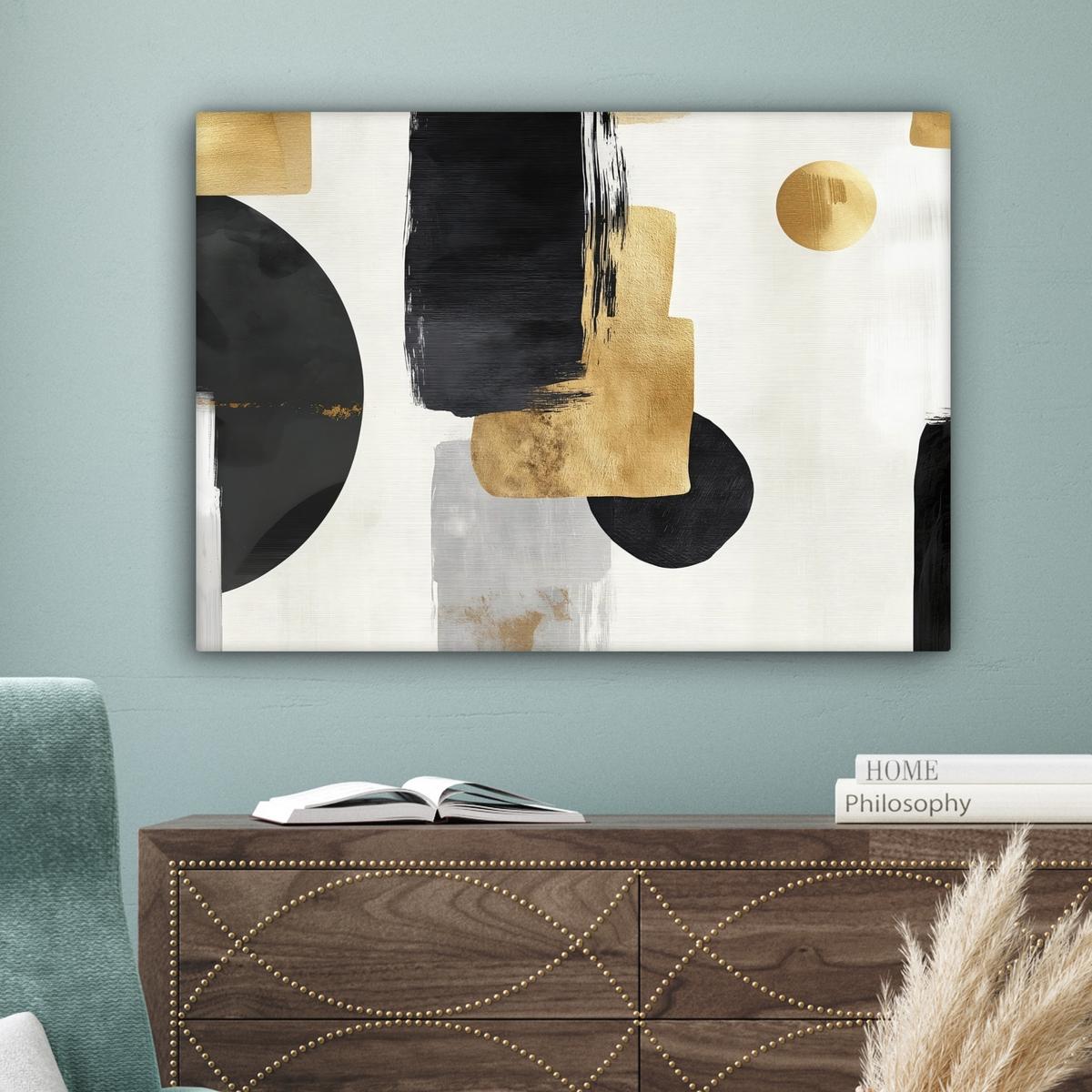 LEINWANDBILD Gold - Rechtecke - Kreise - Abstrakt Wandbilder 80x60 cm - Weiß, Textil (80/60cm) - MuchoWow