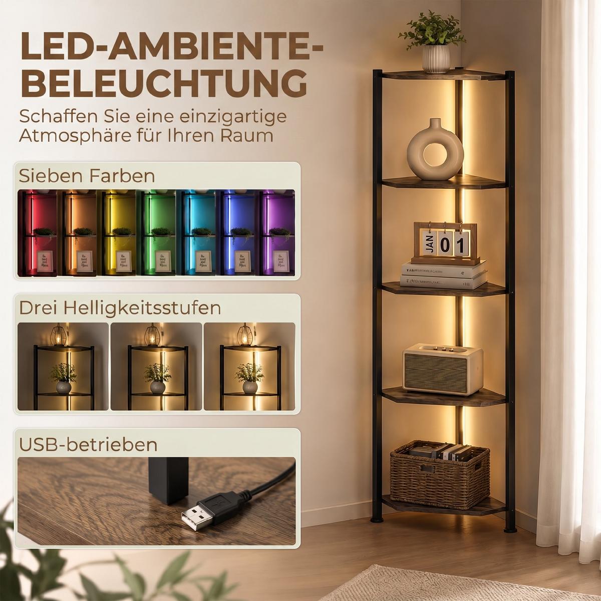 BÜCHERREGAL Spanplatte Stahl Rustikal Braun - Schwarz/Braun, Holzwerkstoff/Metall (32/147/32cm) - HOMCOM